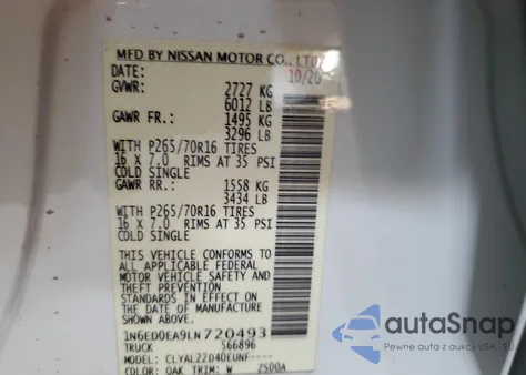 2020 Nissan Frontier S из США, поврежденный, VIN 1N6ED0EA9LN720493